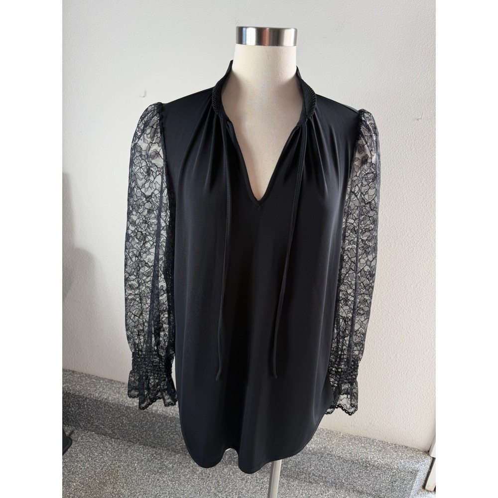 Anne Klein Womens XL Black Lace Sleeve Blouse Pleated Tie Neck Top
